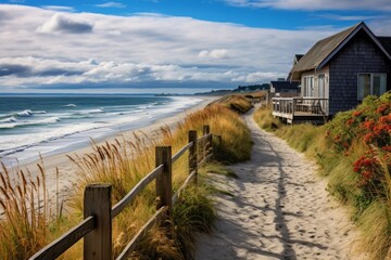 Sandy path leading to a charming beach house on the shore
