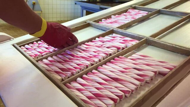 Traditional candy, Polkagrisar, in a candy factory in Graenna, Smaland, Sweden, Scandinavia, Europe