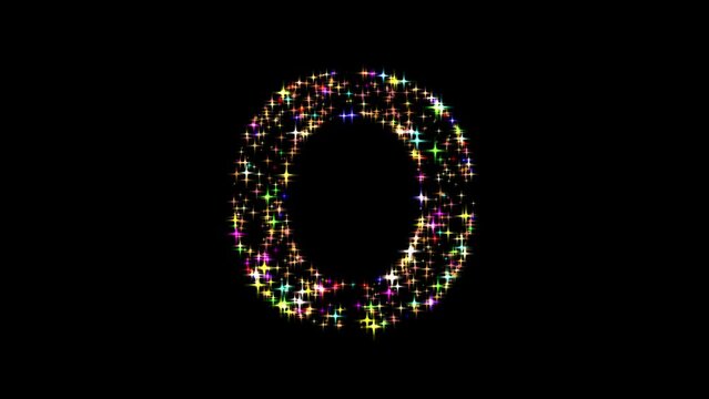 English alphabet O with colorful glitter sparkles on plain black background