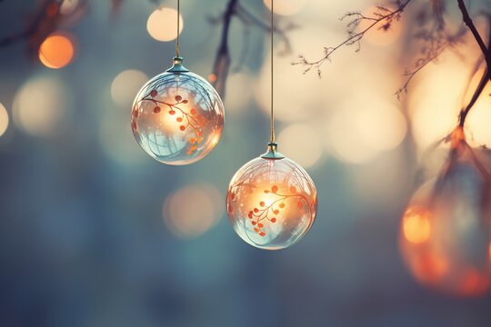 Soft focus bokeh with glowing ornaments Christmas background