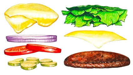 Burger ingredients, watercolor fastfood illustration.