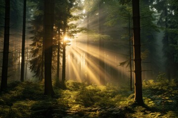 Sunlight breaking through dense trees, creating a magical scene