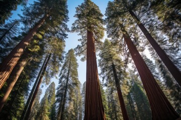 Towering sequoia forest with trees reaching astonishing heights - obrazy, fototapety, plakaty