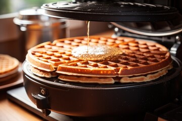 Close up of waffles baked on waffle maker iron machine. Generative AI