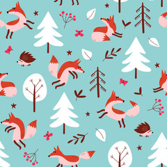 Forest seamless pattern with foxes