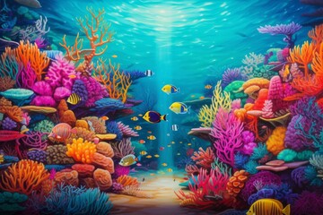 Obraz na płótnie Canvas Vibrant underwater coral reef scene forming a colorful and enchanting wallpaper background
