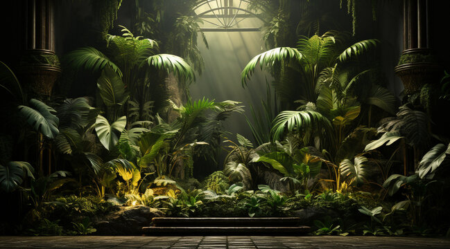 Dreamy tropical landscape with rainforest. Banner with greenery and copy space for your text. Bali style template for your design, exotic wall with green palm leaves and atmospheric sunlight rays. 