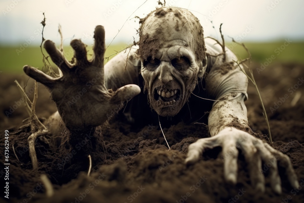 Wall mural zombie hand bursting out of the ground. halloween theme background