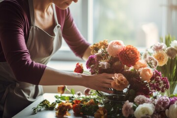 Woman's hands arranging fresh flowers for a holiday centerpiece.