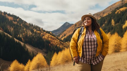 Naklejka premium A confident plussize person hiking in a national park