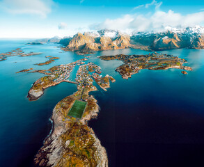 Henningsvær, Nordland, Norway Wanna play football or drone? - obrazy, fototapety, plakaty