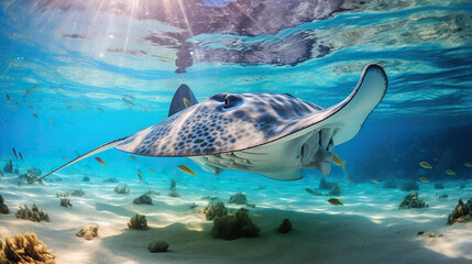 big Stingrays under the sea.Beautiful corals in many fish in the sea