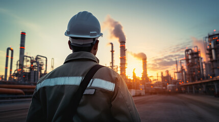 Fototapeta na wymiar back worker Industrial view at oil refinery.person with a mask