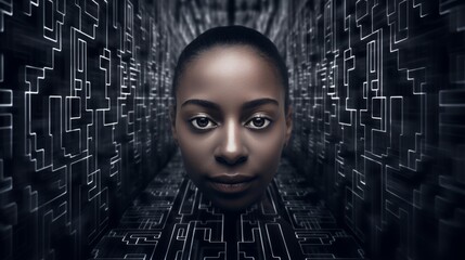 A visual metaphor of a person's face hidden behind a maze of facial recognition data - obrazy, fototapety, plakaty