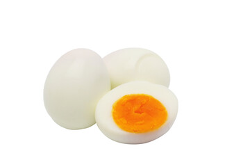 two whole boiled eggs and half sliced boiled egg on transparent background png