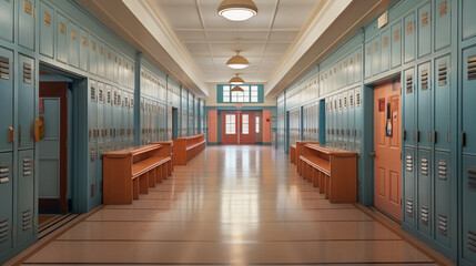 hallway with a lot of blue lockers, in the style of a northwest school,