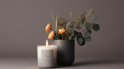 candle mockup in a simple style with a flower bouquet on a white background