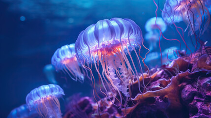 Jellyfish under the sea Shiny glow.jellyfish in aquarium
