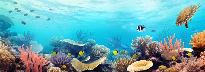 coral reef and sea life banner, Generative AI