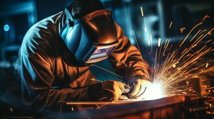 Welder creating sparks while joining metal pieces
