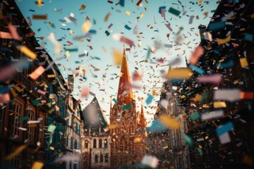 background of confetti in the air celebration in the city, Generative AI