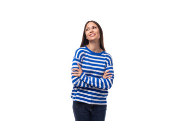 charming young slim european model woman wears striped blouse on white background with copy space