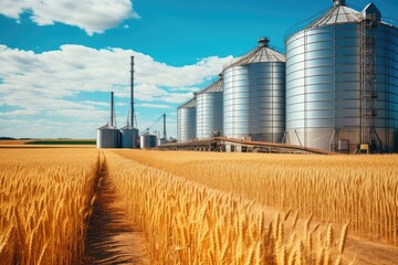 Agricultural silo granary in wheat field. Storage of agricultural products - obrazy, fototapety, plakaty