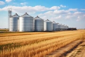 Agricultural silo granary in wheat field. - obrazy, fototapety, plakaty