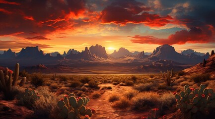Wild West Texas desert landscape with sunset with mountains and cacti. - Powered by Adobe
