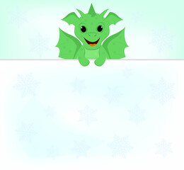 Cartoon light green dragon on a light background with snowflakes with copy space. Symbol of 2024
