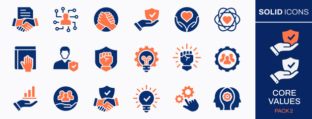 Core values icon set. Collection of business, social factors, mission, company and more. Vector illustration. Easily changes to any color.