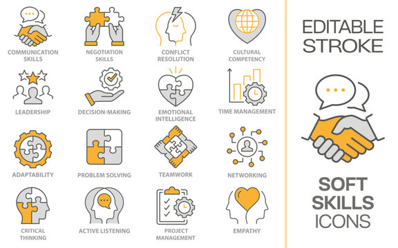 Soft skills icons, such as communication, teamwork, problem solving, empathy and more. Editable stroke.