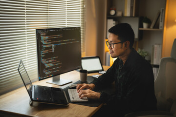 Software develper asian man wearing glasses working coding Write a program develope AI application...