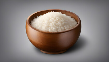 Cooked rice with steam in white bowl on brown background