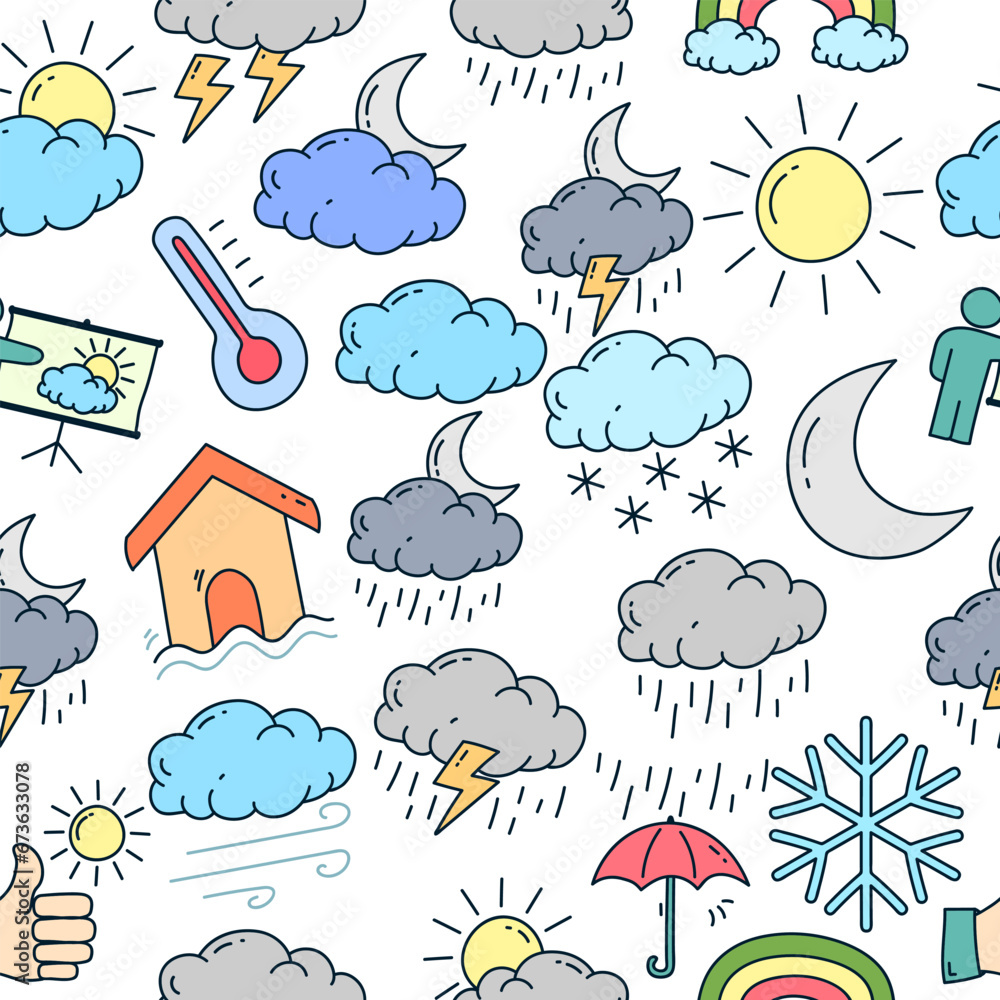 Wall mural hand drawn weather seamless pattern. seamless pattern with doodle weather elements.