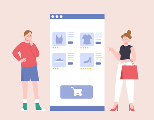 Online store review and looking feedback for items. Girls thinking about buying and look mentions at buyers, digital store vector concept