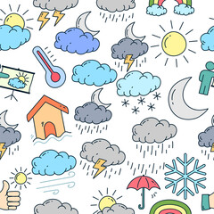 Hand drawn weather seamless pattern. Seamless pattern with doodle weather elements.