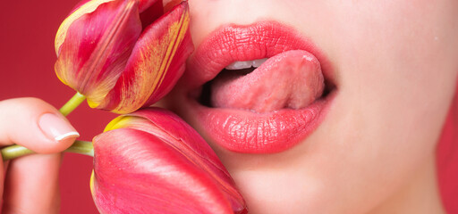 Sexy mouth. Sensual woman lips close up. Tender and seductive. Intimate fantasy. Cosmetic lipgloss. Macro lip. Sexual, passionate and temptation symbol. Erotica, provocative icon. Seductive tongue.
