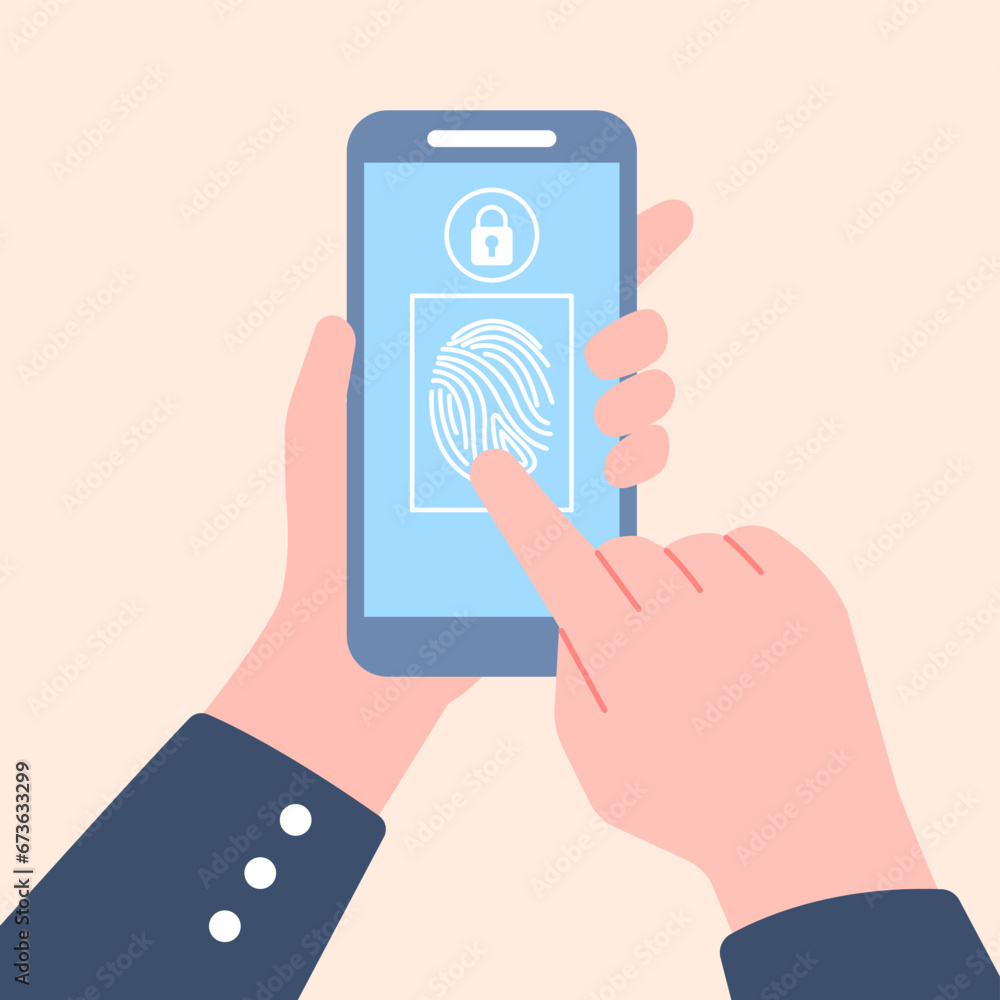 Poster fingerprint login on smartphone. access for information, self security digital technologies. biometr