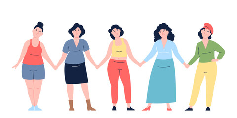 Obraz premium Diverse women together banner. Plump and overweight problems. Body positive concept with fatty happy girls, chubby characters recent vector scene
