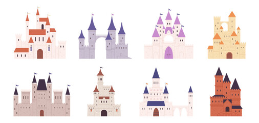 Isolated flat medieval castles. Fortresses, castle and towers collection. Cartoon king houses, fairytale buildings. Fantasy architecture racy vector elements