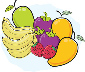 Doodle fruits. Natural tropical fruit, doodles strawberry and vitamin . Vegan kitchen strawberry hand drawn, organic fruits or vegetarian food.banana,orange,apple,pineapple,avocado,mango,watermelon