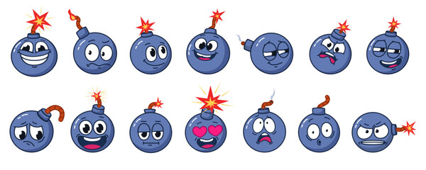 Cartoon bomb characters. Various emotional bombs, isolated weapon mascots. Retro faces expressions, military explosion game nowaday vector icons - obrazy, fototapety, plakaty