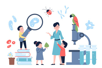 Biology lesson with teacher. Kids studying botany, looks through magnifying glass on bacteries. Educational experiment recent vector scene