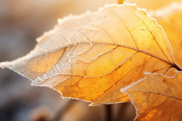 Frosty macro stock photography autumn leaves on a winter morning snow ground. Generative AI