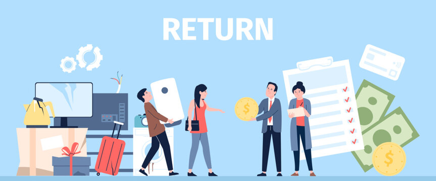 Goods return in shop. Customers with broken and damaged technics want exchange or money back. Clients service in store, recent vector flat concept