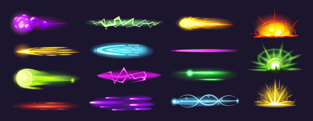 Blaster shot effect. Neon laser ray and plasma shooting. Game shots from blaster or space gun. Comic lightning, energy explosion nowaday vector set