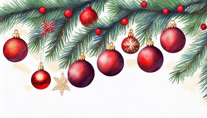 Christmas tree branches with toys on a white background.