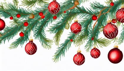 Christmas tree branches with toys on a white background.
