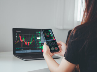 business planning and strategy, Stock market, Business growth, progress or success concept. Businesswoman or trader is showing a growing virtual hologram stock, invest in trading.